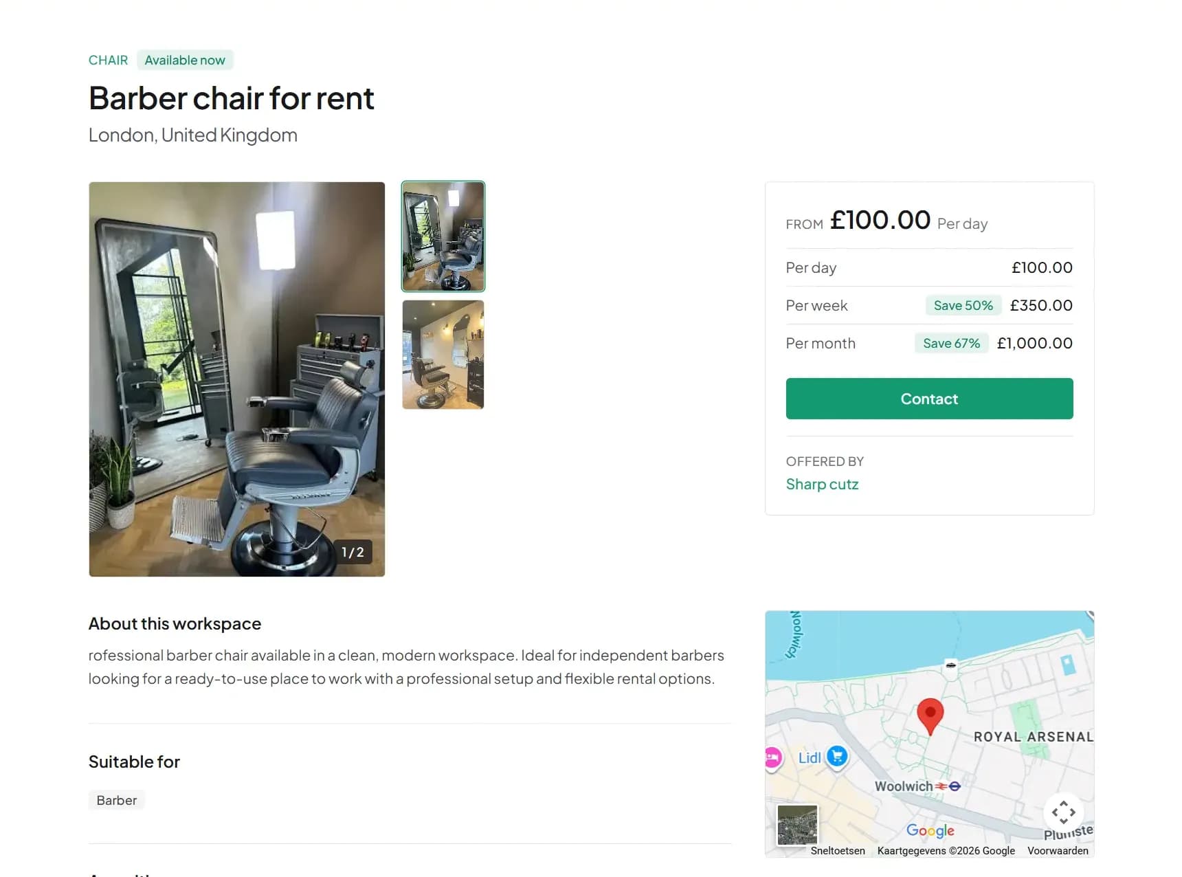 A ListChair salon page showing available workspaces, photos, and prices
